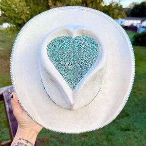 Bedazzled Aqua Rhinestone Heart Shaped Suede Cowboy Hat